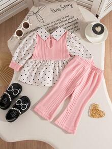SHEIN Playful Pals 女婴波点衬衫拼接黑色毛绒罗纹领喇叭裤休闲时尚套装，秋冬季 - 粉色 - 查看 2