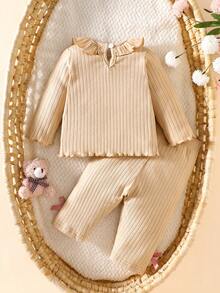 SHEIN Newborn Soft Cotton Crew Neck Bowknot Long Sleeve Top And Pants Set, Comfortable And Cozy For Autumn/Winter - Khaki - View 3