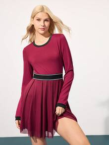 CourtClass Váy tennis xếp ly eo màu tương phản dành cho nữ, Xuân/Thu - Màu Đỏ Sâu - Xem 4
