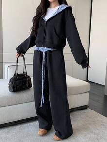 DAZY 女士格子印花连帽拉链长袖上衣和裤子两件套家居服套装 - 黑色 - 查看 4