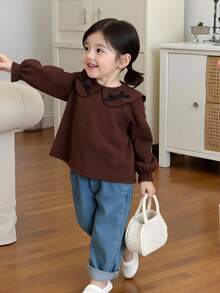 SHEIN Genkimix Kids 女童罗纹面料长袖 T 恤，蕾丝花边领口，舒适休闲优雅时尚，适合春、秋、冬 - 咖啡棕 - 查看 5