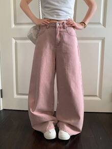 DAZY Women's Summer Washed Casual Loose Wide Leg Jeans - Baby Pink - View 5