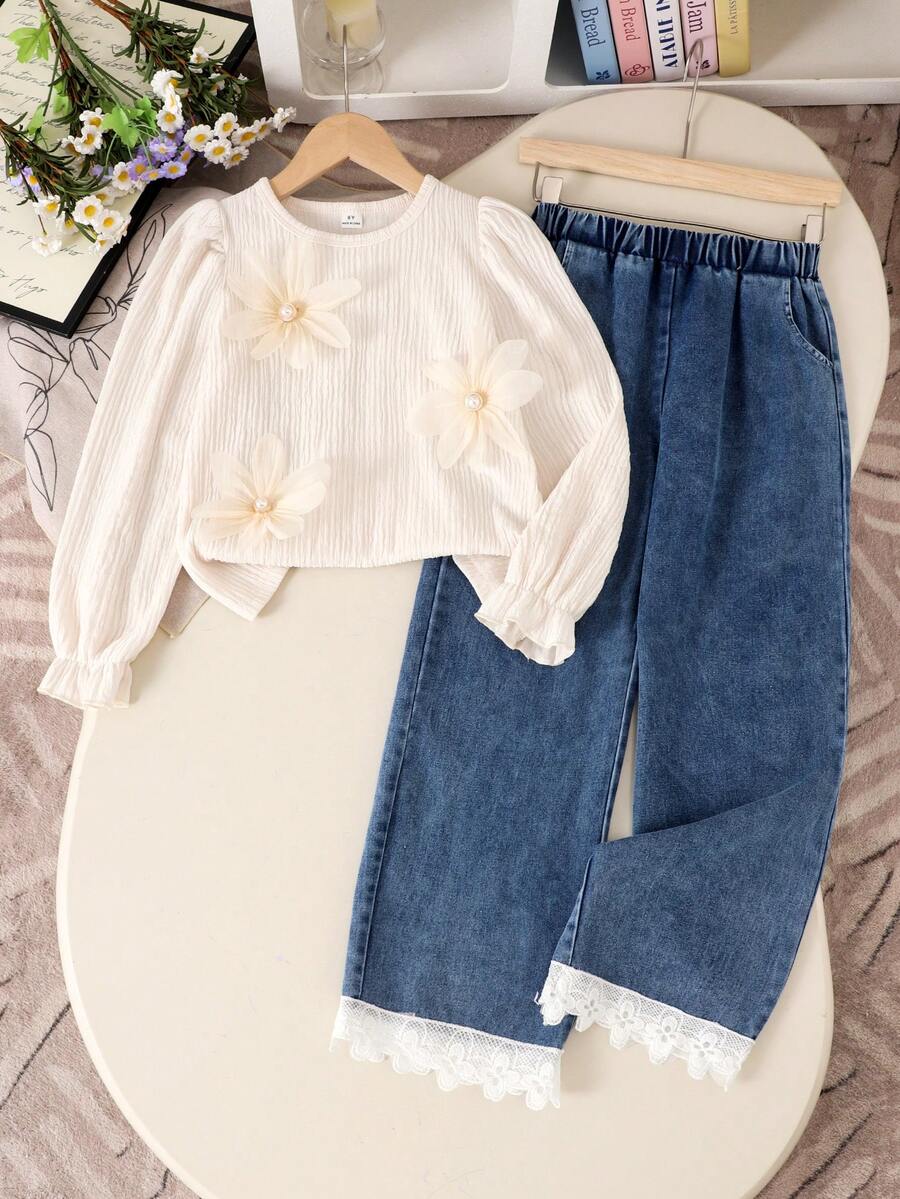 Sparklyn 2pcs Girls (Small) Apricot Chiffon Round Neck Long Sleeve Top T-Shirt & Pearl Button Floral Elegant Pants Set, Autumn - Apricot - View 1