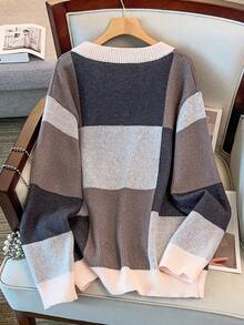 GlowEve CURVE Áo len tay dài cổ tròn kẻ caro màu đơn giản cỡ lớn - Nhiều màu - Xem 2