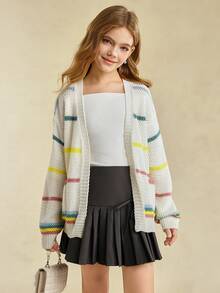 秋冬渐变色条纹V领针织开衫，适合女童、幼儿和大童 - 米色 - 查看 7