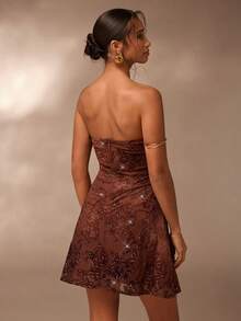 Glamine Fashionable Women Floral Bandeau Mini Dress Brown Dress Bronze Dress Strapless Dress Brown Wedding Guest Dress Earth Tone Dress Brown Formal Dress Chocolate Brown Dress