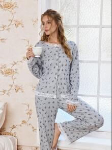 CottageSlumber Soft & Skin-Friendly Floral Lace Trim Long Sleeve Women Pajama Set, Winter Clothes - Grey - View 1