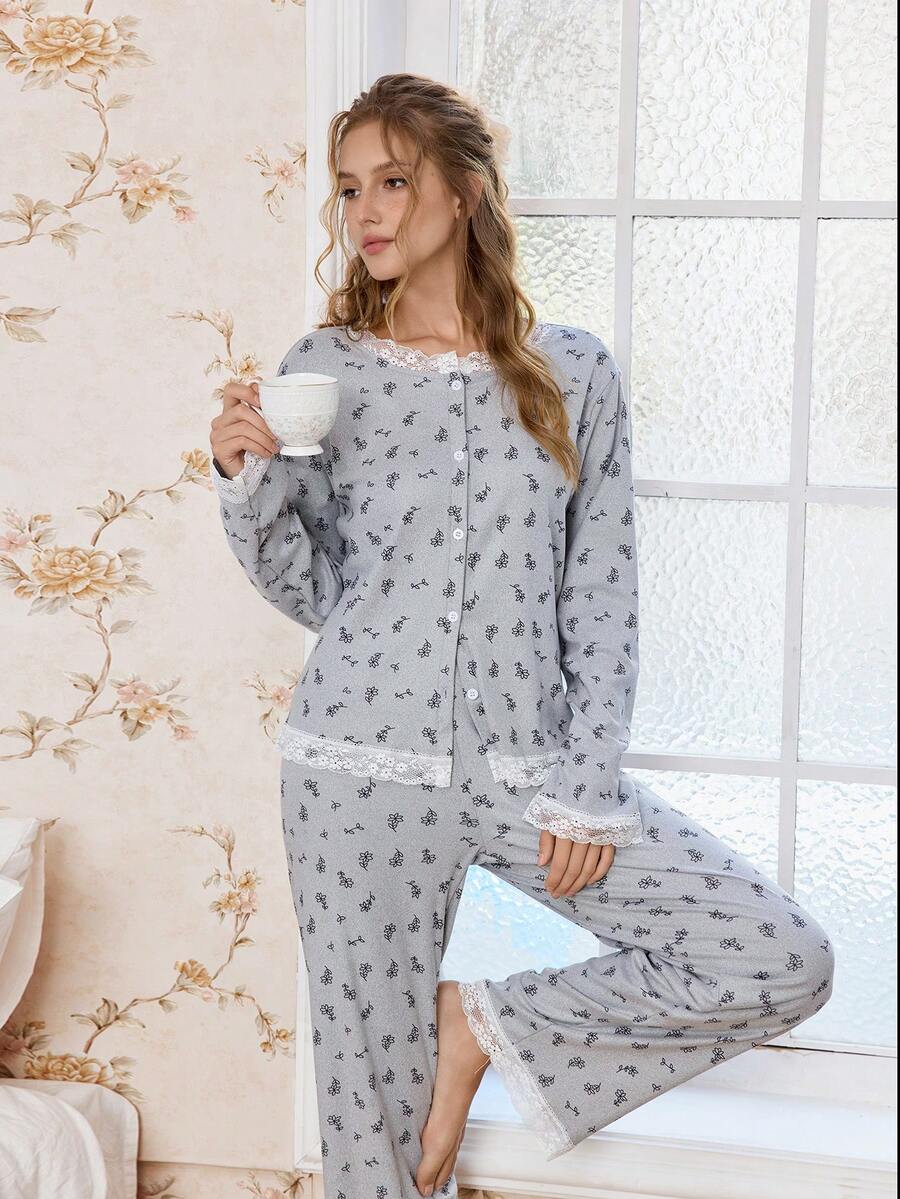 CottageSlumber Soft & Skin-Friendly Floral Lace Trim Long Sleeve Women Pajama Set, Winter Clothes - Grey - View 1