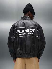 PLAYBOY X SUMWON Leather Racing Jacket With Logo And Embroidered Details - Black - View 1