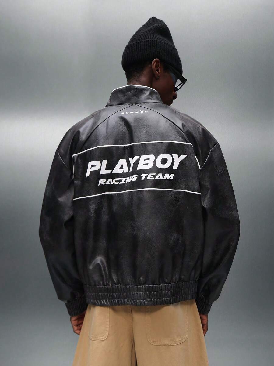 PLAYBOY X SUMWON Leather Racing Jacket With Logo And Embroidered Details - Black - View 1