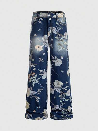 Street Life Jeans amples et décontractés à jambe large avec imprimé floral sur la poche pour hommes