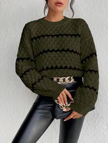 SHEIN LUNE Striped Pattern Contrast Color Crew Neck Casual Long Sleeve Pullover Sweater - Army Green - View 4