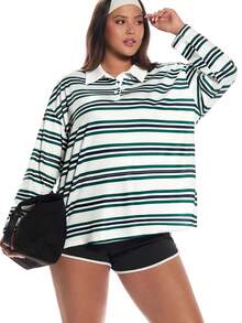 Solavibe 大码女式条纹Polo领落肩卫衣