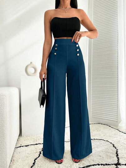 White Wide Leg Pallazzo Pant With Button Detail