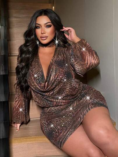 NU&NOW 性感派对/约会之夜褶饰豹纹亮片闪光紧身迷你连衣裙，长袖，加大码，秋季