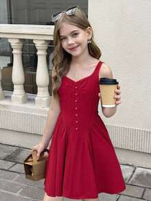 SHEIN 少女无袖褶皱胸围纽扣裹身荷叶边下摆红色连衣裙，连衣裙，新年服装，女士红色连衣裙，女士生日礼服，女士俱乐部服装，女士婚礼宾客礼服，返校，圣诞节 - 紅色 - 查看 1