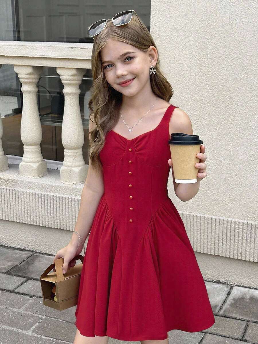 SHEIN 少女无袖褶皱胸围纽扣裹身荷叶边下摆红色连衣裙，连衣裙，新年服装，女士红色连衣裙，女士生日礼服，女士俱乐部服装，女士婚礼宾客礼服，返校，圣诞节 - 紅色 - 查看 1