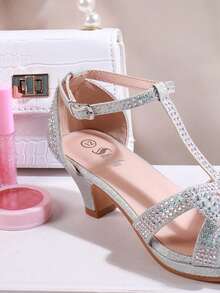 Mini mi Sandalias con tira en T, tacón y purpurina plateada con lazo de strass para niñas con estilo de fiesta y vacaciones #PrincessVibe - Multicolor - Ver 4