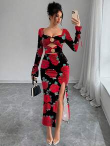 Rafferiza 女士优雅镂空碎花心形领合身开衩浪漫碎花花园长袖连衣裙，适合约会、情人节、派对、聚会、家庭日，温暖可爱 - 彩色 - 查看 5