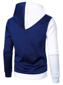 Manfinity Homme 男士休闲撞色拼接连帽衫，秋冬男士连帽衫，蓝色男士连帽衫，休闲男士连帽衫，套头连帽衫，长袖上衣 - 藏蓝色 - 查看 2