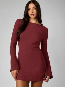 MISSGUIDED Ribbed Knit Long Sleeve Bodycon Mini Dress Off Shoulder Fall Winter Sweater Dress Christmas - Burgundy - View 5