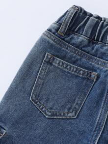 SHEIN Explorewe 年轻女孩 Y2K 休闲荷叶边腰部松紧腰多口袋直筒百搭四季通用热洗蓝色牛仔裤 - 中等水洗藍 - 查看 6