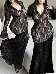 Flirla Plus Size Women's Contrast Lace Sexy Deep V-Neck Flare Sleeve Ruffle Hem Dress, Elegant For Daily Wear Corpse Bride Goth - Black - View 1