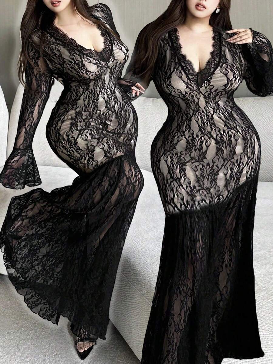 Flirla Plus Size Women's Contrast Lace Sexy Deep V-Neck Flare Sleeve Ruffle Hem Dress, Elegant For Daily Wear Corpse Bride Goth - Black - View 1