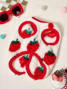 PETSIN 1件宠物猫狗通用可爱红色草莓印花双面弹力毛绒舒适保暖开襟纽扣狗狗无袖外套 - 彩色 - 查看 7