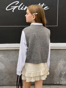 Tween Girl Contrast Lace Button Up Cardigan, Back To School For Tween Girl Autumn/Winter Look Fall - Grey - View 2