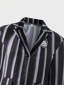 2pcs/Set Teen GirlDark Striped Blazer Jacket & Elastic Waist Pleated Skirt Suit, Casual School Style, Suitable For Autumn - Black - View 7