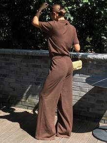 DAZY Women's Summer Short Sleeve Polo Collar Knit Top And Straight Leg Pants Casual 2 Pieces Set - Brown - View 6