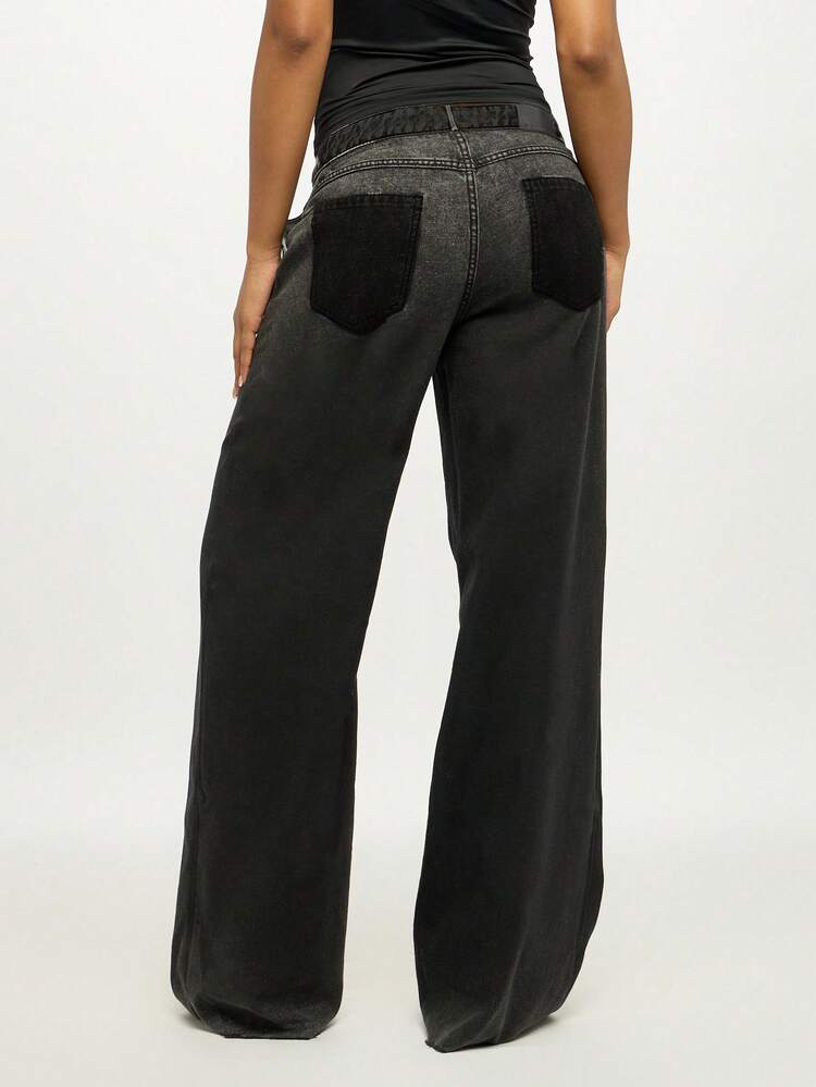 SUMWON WOMEN インサイドアウト ワイドレッグ デニム コントラストポケット付き