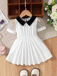 Baby Girl Cute Puff Sleeve Peter Pan Collar Dress, Whether Playing On A Sunny Spring Day Or Attending A Cozy Family Gathering, This Dress Will Make The Little Princess Radiate Endless Charm - White - View 3