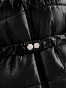 Young Girl Fashionable Thick Hooded Waist Cinching Jacket, Suitable For Daily Casual Wear In Autumn And Winter