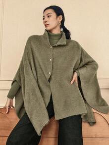 Dazy-Less Suéter de mujer de unicolor con cuello alto y mangas de murciélago, de moda para el uso diario, otoño/invierno - Caqui - Ver 5