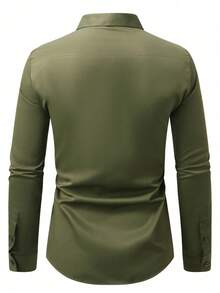 Manfinity Mode Plus Size Men's Solid Color Regular Fit Button-Front Long Sleeve Casual Dress Shirt - Army Green - View 2