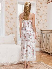 CottageSlumber Romantic Floral Print Lace Trim Camisole Nightgown And Robe Satin Pajama Set, Winter Clothes - Multicolor - View 8