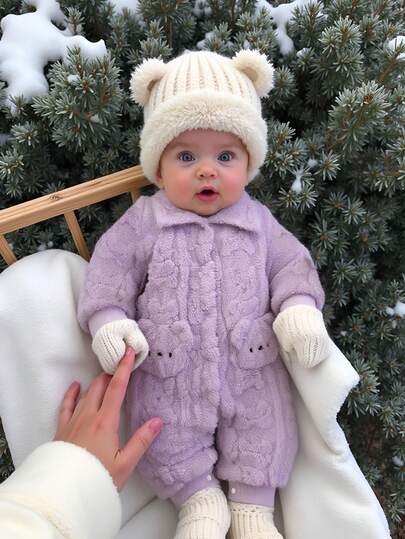 SHEIN 女婴可爱熊提花双面羊毛连帽长袖连体衣，适合冬季户外穿着