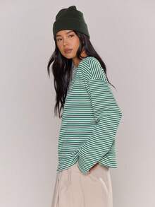 MUSERA Áo thun dài tay kẻ sọc dáng rộng cài cúc, phong cách mùa thu, cổ điển, dễ thương, đồng quê, nhà tranh, áo mặc nhà thoải mái cho nữ, màu caramel, thanh lịch, thích hợp cho các ngày lễ, xuân hè, lễ Phục sinh. - màu xanh lá - Xem 4