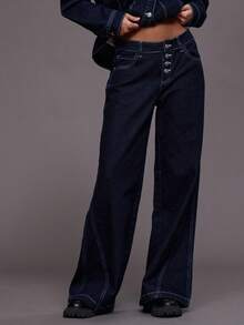 MUSERA 深色水洗撞色缝线后背系带牛仔裤，仅限秋季、冬季、夜间外出、街头风、可爱、返校、性感、时尚、春夏 - 深色水洗藍 - 查看 2