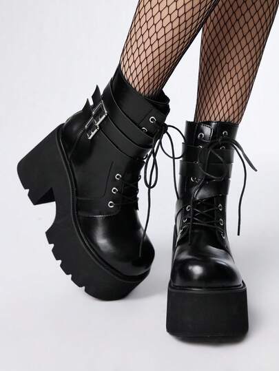 Grunge Punk Women's Casual Round Toe Thick Sole Wedge Ankle Boots, Gothic Punk Style Black Leather Criss-Cross Strap Decor, Fashionable Chunky High Heel Booties For Outdoor Party