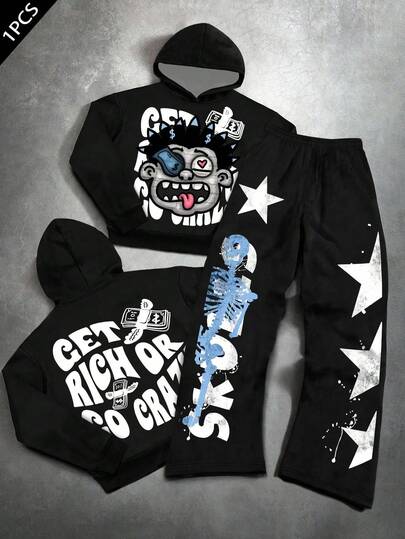 Tween Boy Casual Minimalist Autumn New Arrival Y2K Hiphop Style Star, Flame, Cool English Letter, Graphic Loose Hoodie And Flare Pants 2-Piece Set, Suitable For Autumn/Winter