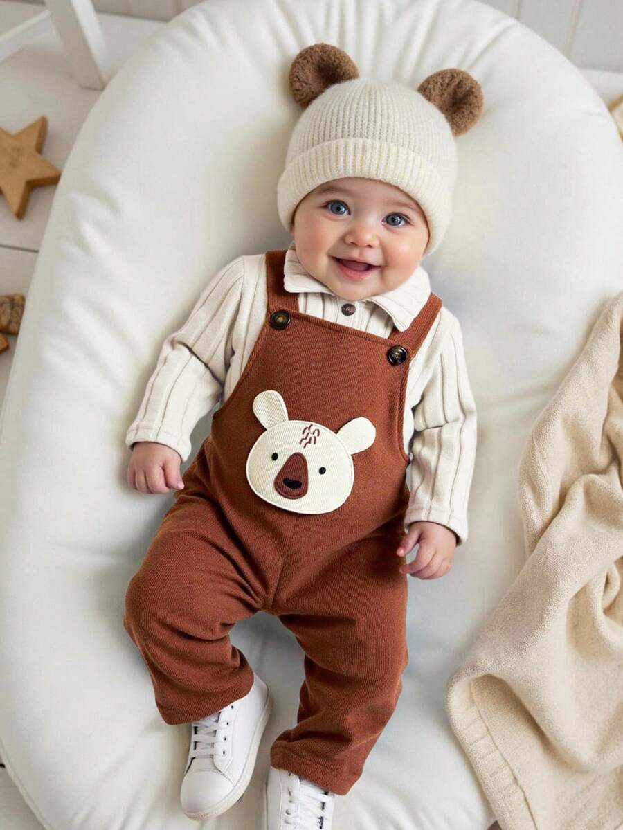 Vintaside Kids 2 件套男婴柔软长袖杏色上衣和可爱刺绣熊棕色围兜裤套装，适合日常外出和各种场合 - 彩色 - 查看 1