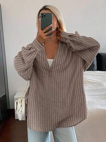 DAZY Women's Loose Casual Striped Shirt, Autumn/Winter - Khaki - View 2