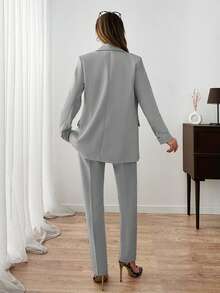 EURMUSE Women Solid Color Suit Sets Blazer Jacket And Pants Rhinestone And Button Front Detailed - Light Grey - View 2