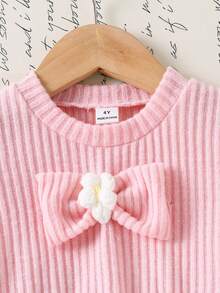Young Girls Knitted Ribbed Crew Neck Long Sleeve Big Bow 3D Floral Sweater Dress, Sweet & Cute, Spring/Autumn - Pink - View 5