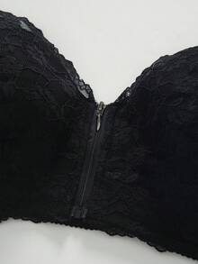 SHEIN 1pc Plus Size Black Wireless Lace Front Zip Closure Comfortable Wide Strap Bra - Black - View 11