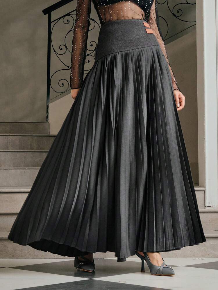 Elegant Women's Pleated Patchwork Metal Button Decor Formal Work Dress