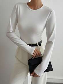 Livesso Women's Casual Solid Color Round Neck Slim Fit Base Layer T-Shirt, Autumn/Winter Long Sleeve Women - White - View 5